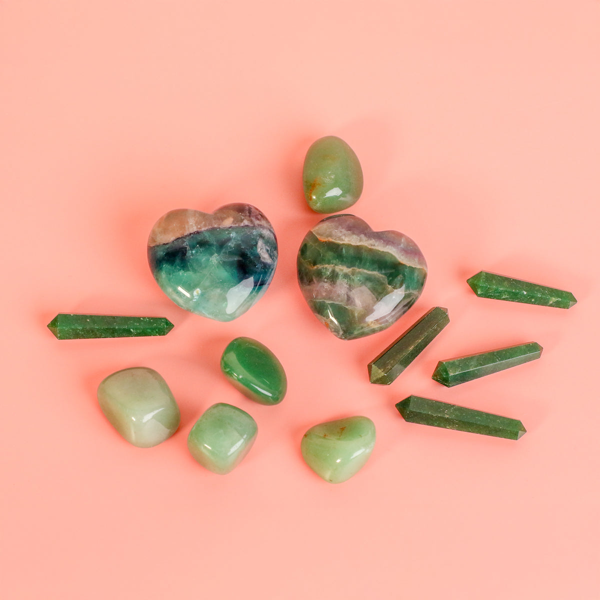 set of green aventurine and fluorite stones