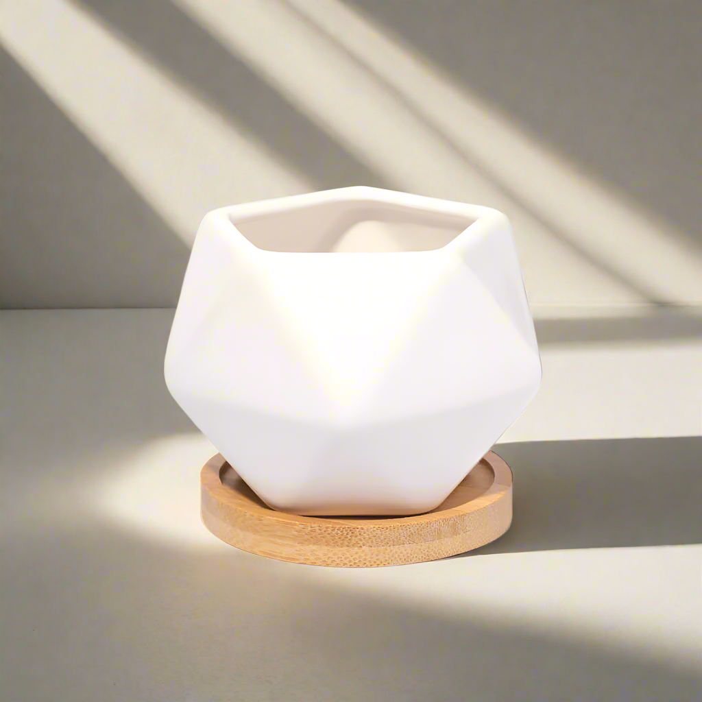 White geometric planter with wooden base on a light surface with shadows