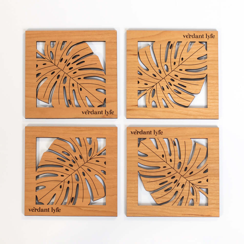 Monstera Leaf Wood Coaster Set of 4 Verdant Lyfe